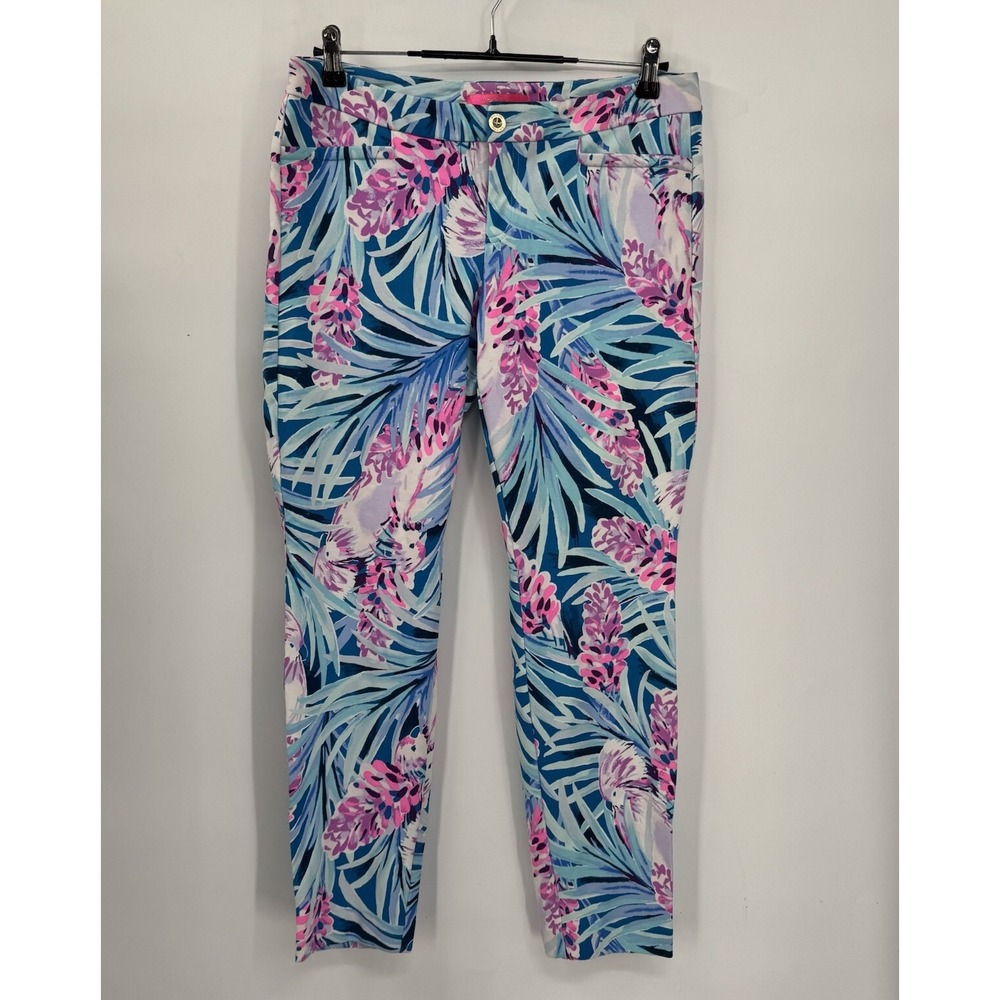 Lilly Pulitzer 10 Kelly Ankle Pants Womens Blue Pink Tropical Palm Floral Print